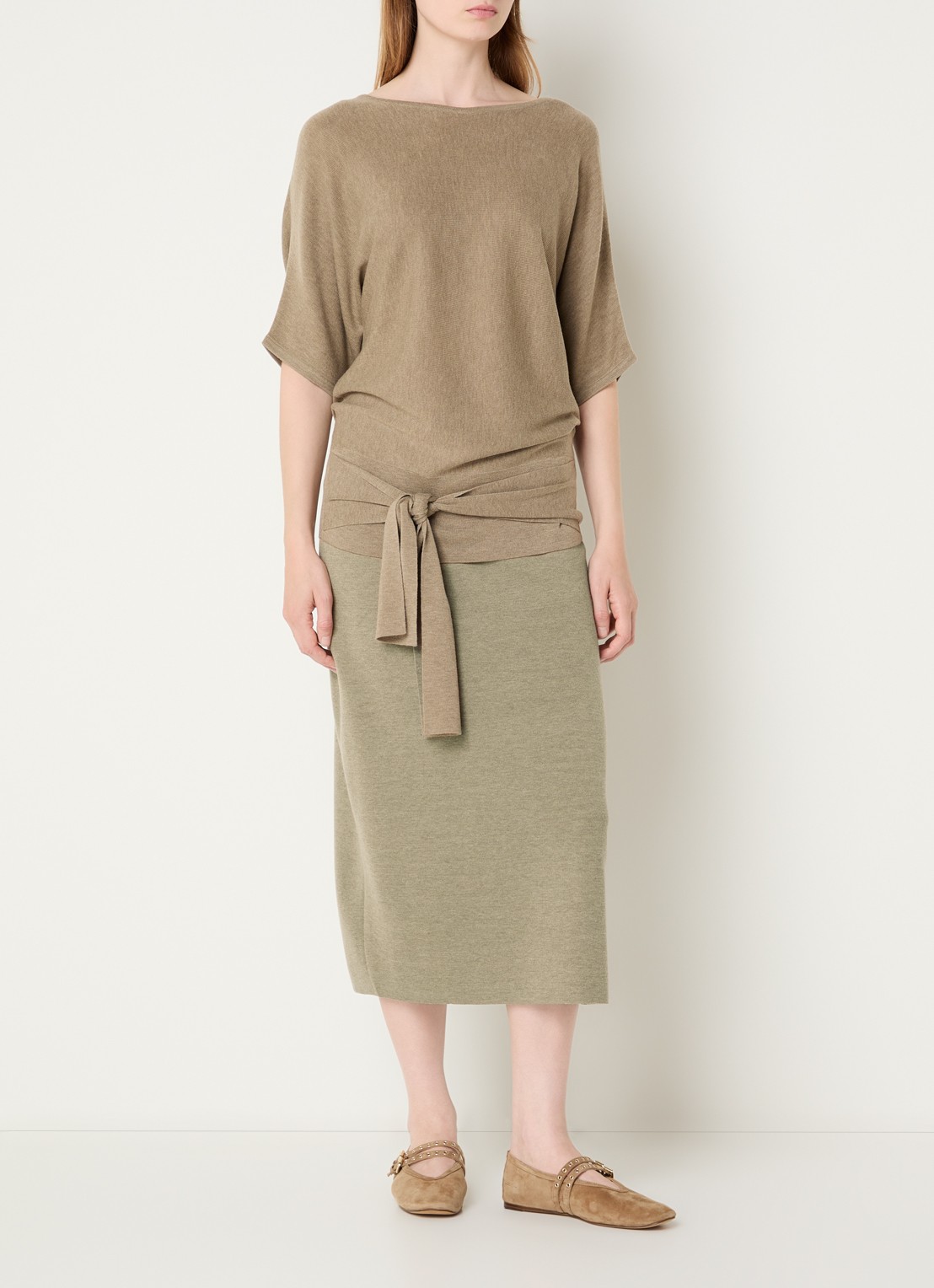 Expresso Midi rok in wolblend  - voorkant 4 khaki