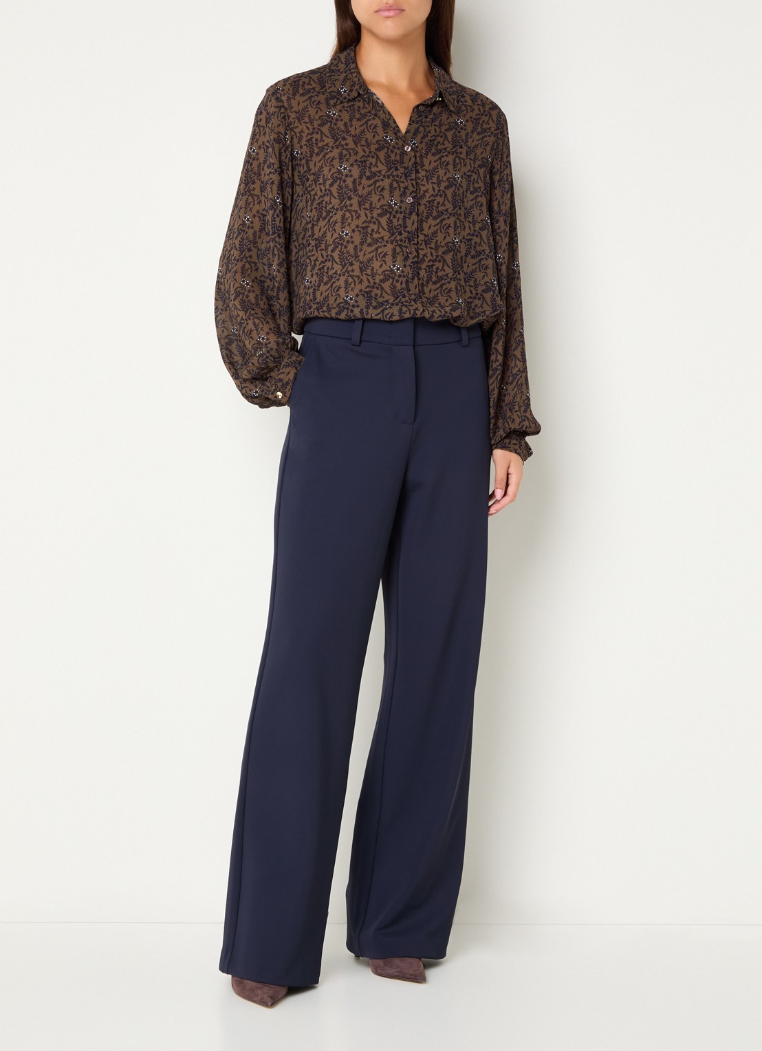 Expresso Semi-transparante blouse met bladprint - voorkant 2 bruin