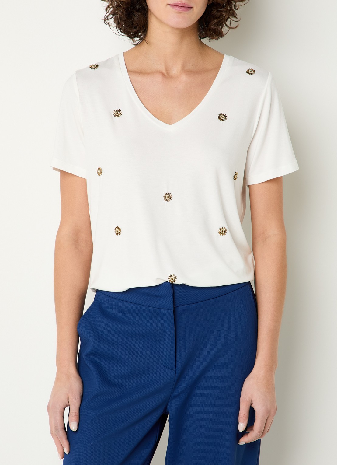 Expresso T-shirt met bloemborduring - detail ivoor
