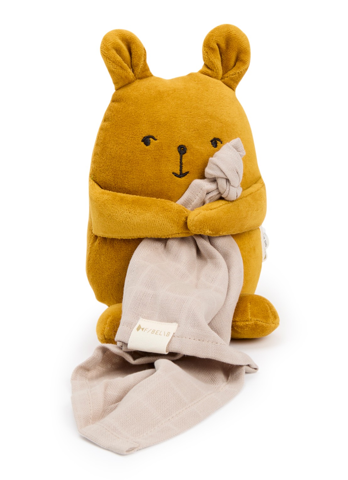 Fabelab Fabbie muziekknuffel beer met doek 18 cm - voorkant 2 bruin