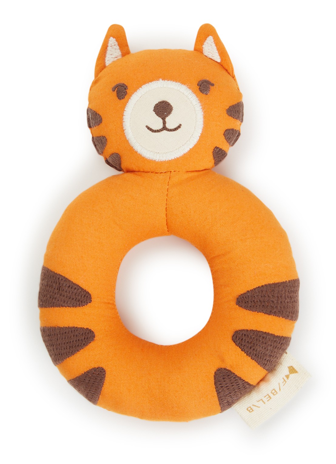 Fabelab Tiger rammelaar 16 cm - voorkant 2 donkeroranje