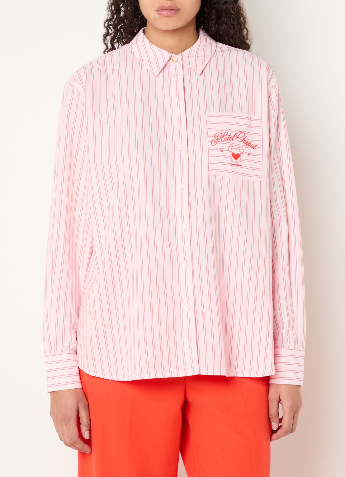 Fabienne Chapot Alex blouse met streepprint en borstzak - detail 4 lichtroze