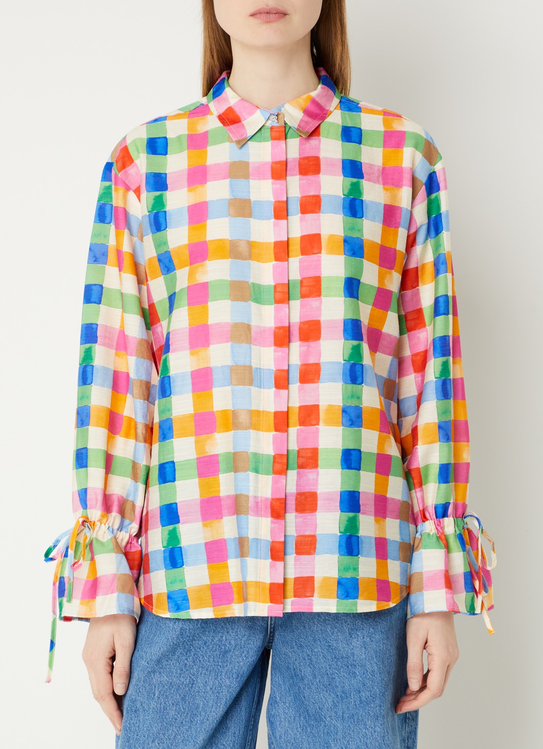 Fabienne Chapot Alicia blouse in linnenblend met ruitdessin  - detail 4 roze