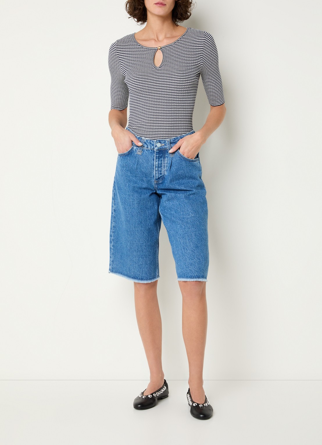 Fabienne Chapot Anouk ribgebreide top met streepprint - voorkant 4 donkerblauw