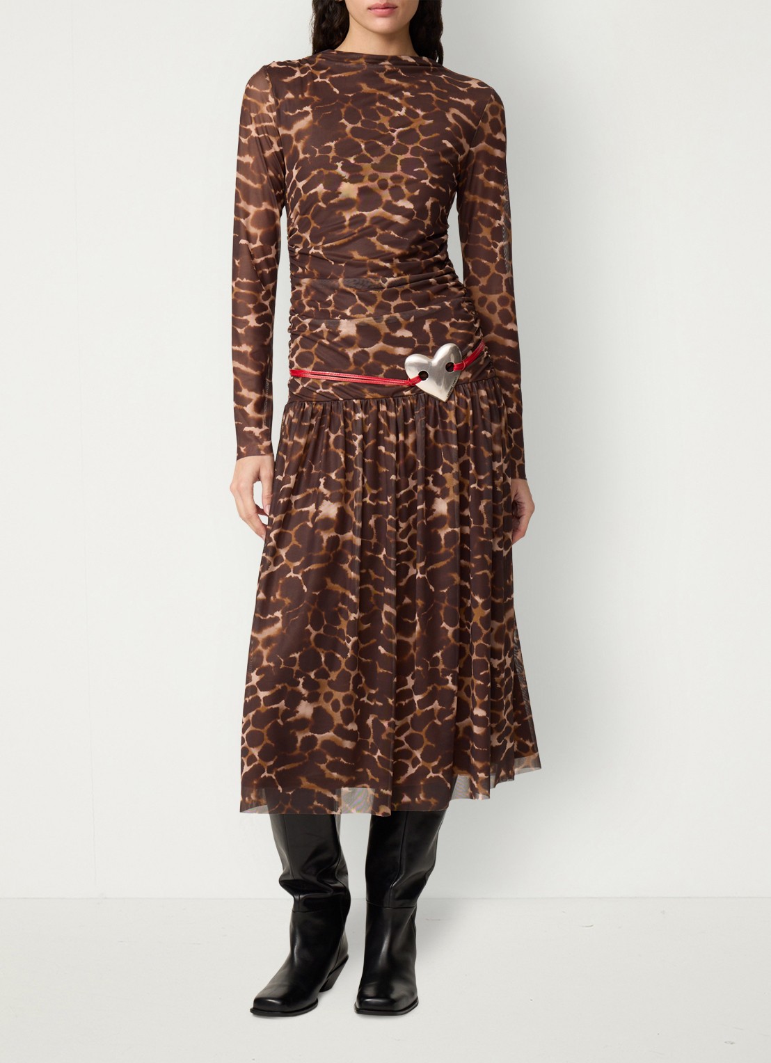 Fabienne Chapot Bello midi jurk met dierenprint en mesh - voorkant 2 bruin
