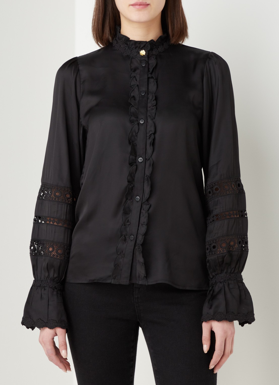 Fabienne Chapot Boho blouse met ruches en broderie - detail zwart