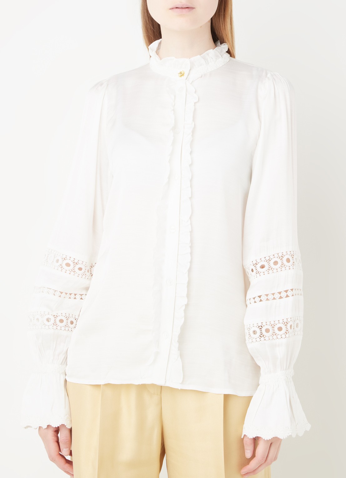 Fabienne Chapot Boho blouse met ruches en broderie - detail gebroken wit