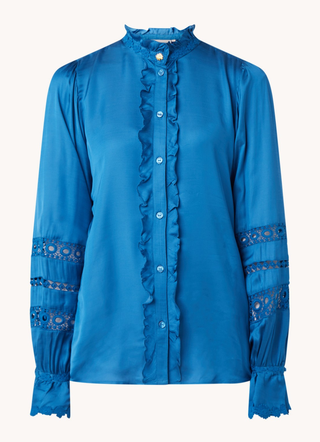 Fabienne Chapot Boho blouse met ruches en broderie - voorkant petrolgroen