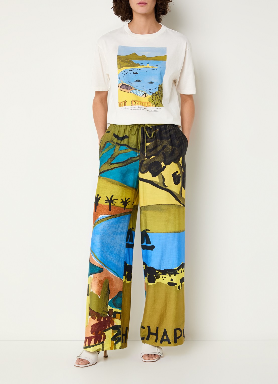 Fabienne Chapot Brent high waist loose fit pantalon in linnenblend met print - voorkant 2 mosgroen