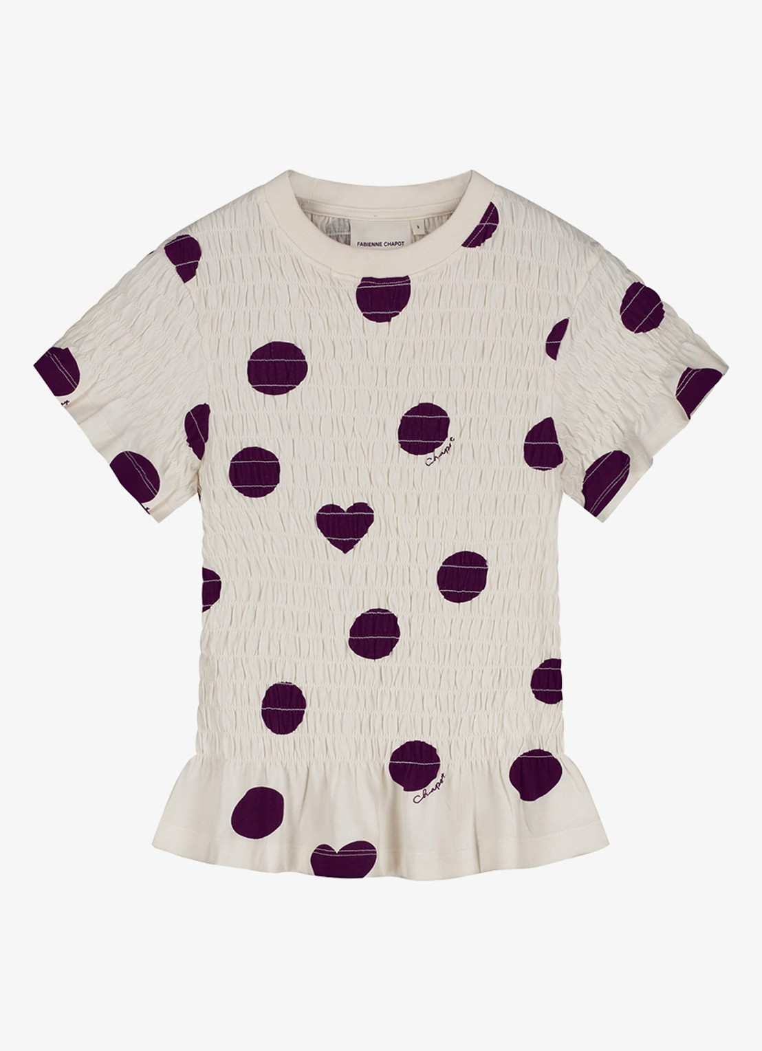 Fabienne Chapot Carmen T-shirt met stippenprint en smockwerk - voorkant gebroken wit