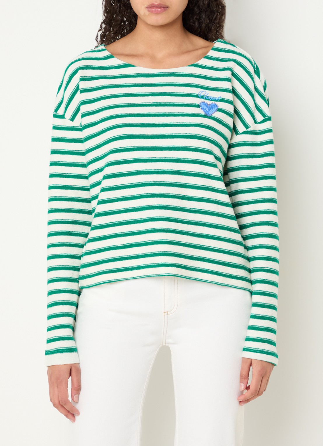 Fabienne Chapot Celina grofgebreide top met streepprint - detail groen
