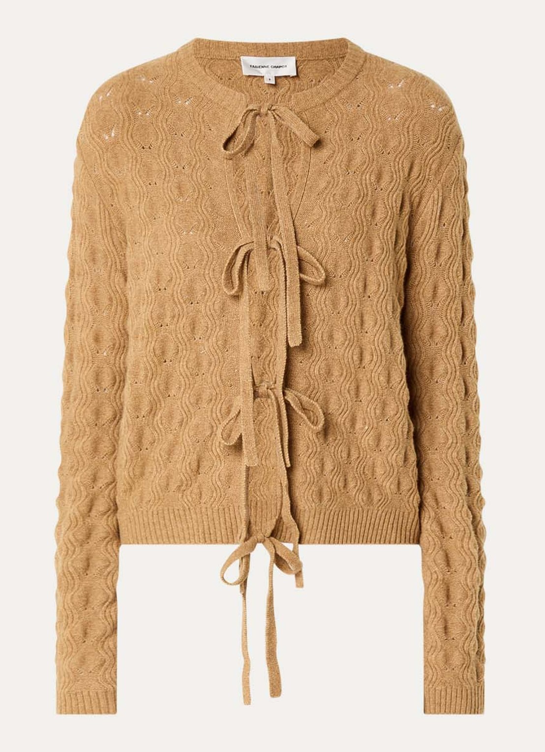 Fabienne Chapot Chelsea fijngebreid vest in wolblend met opengewerkt dessin - voorkant camel