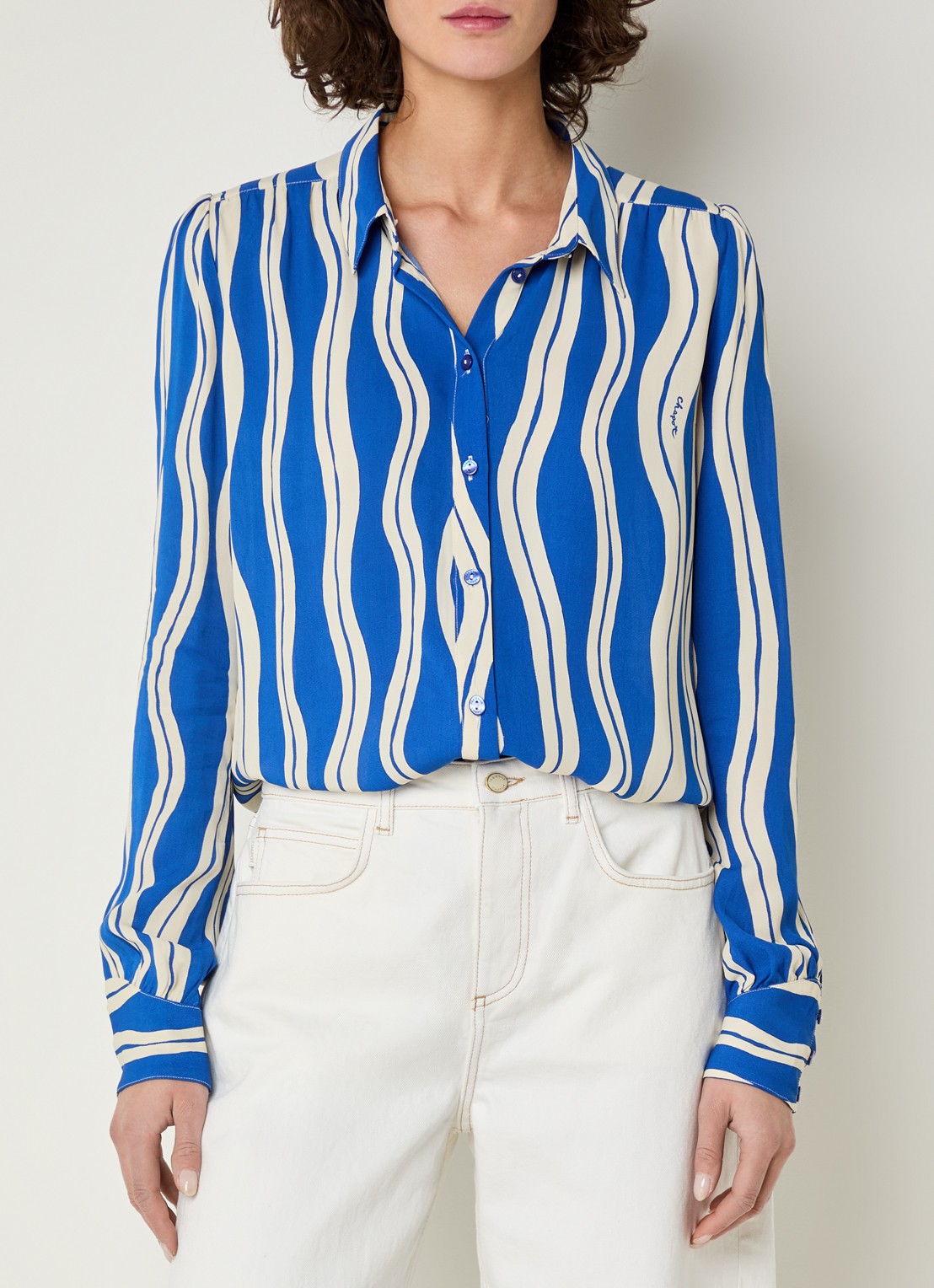 Fabienne Chapot Coco blouse met streepprint - detail 3 kobaltblauw