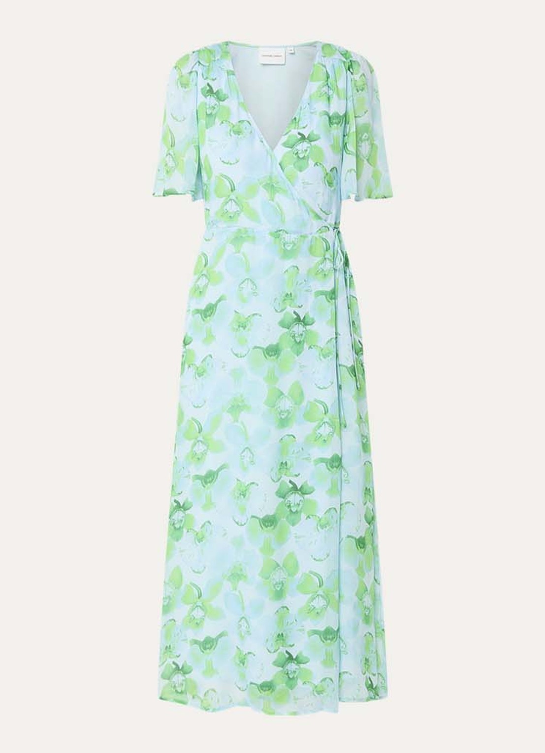 Fabienne Chapot Denise midi tuniekjurk met bloemprint en strikceintuur - voorkant groen
