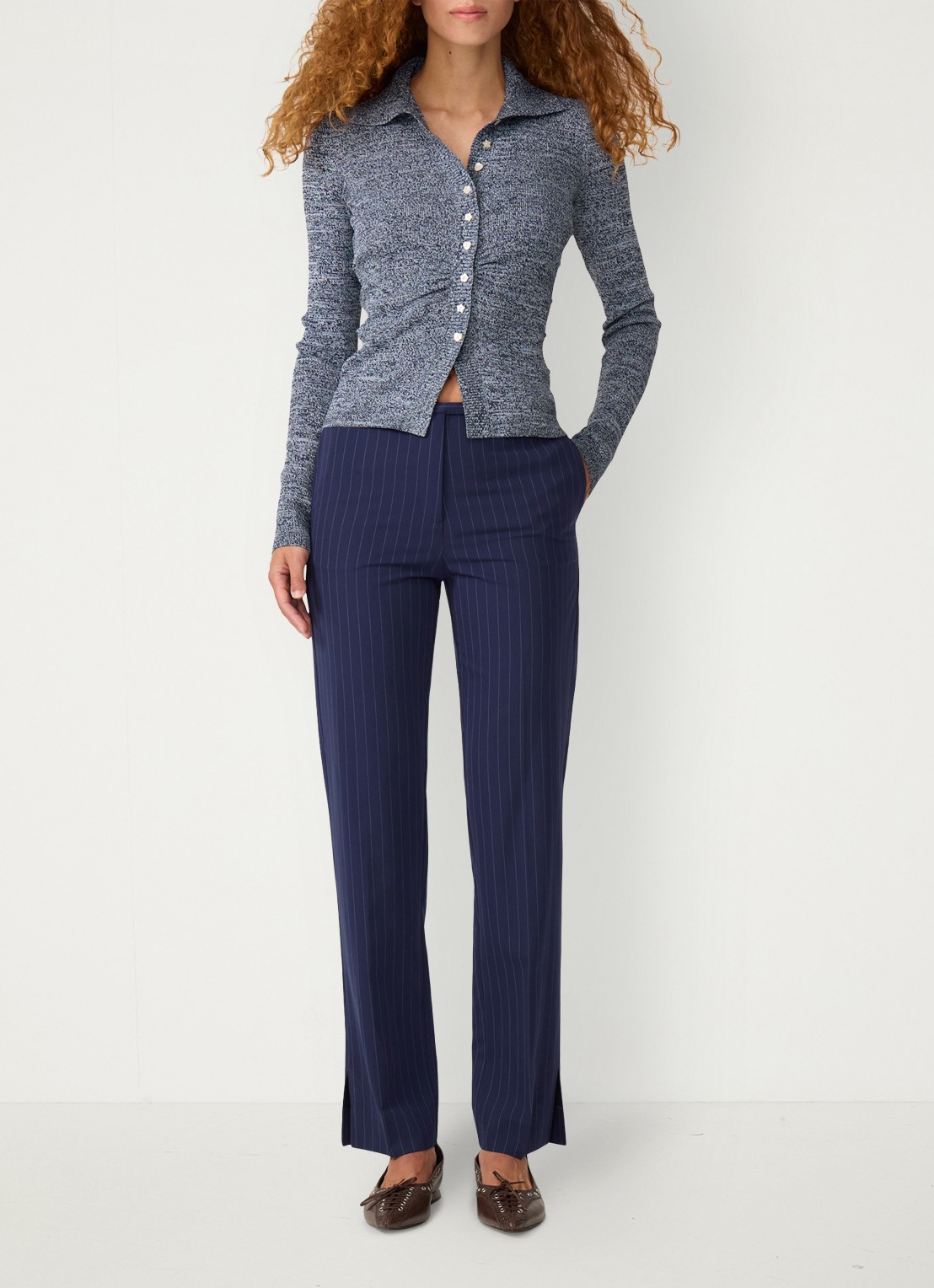 Fabienne Chapot Elliot mid waist straight fit pantalon met krijtstreep - voorkant 4 donkerblauw