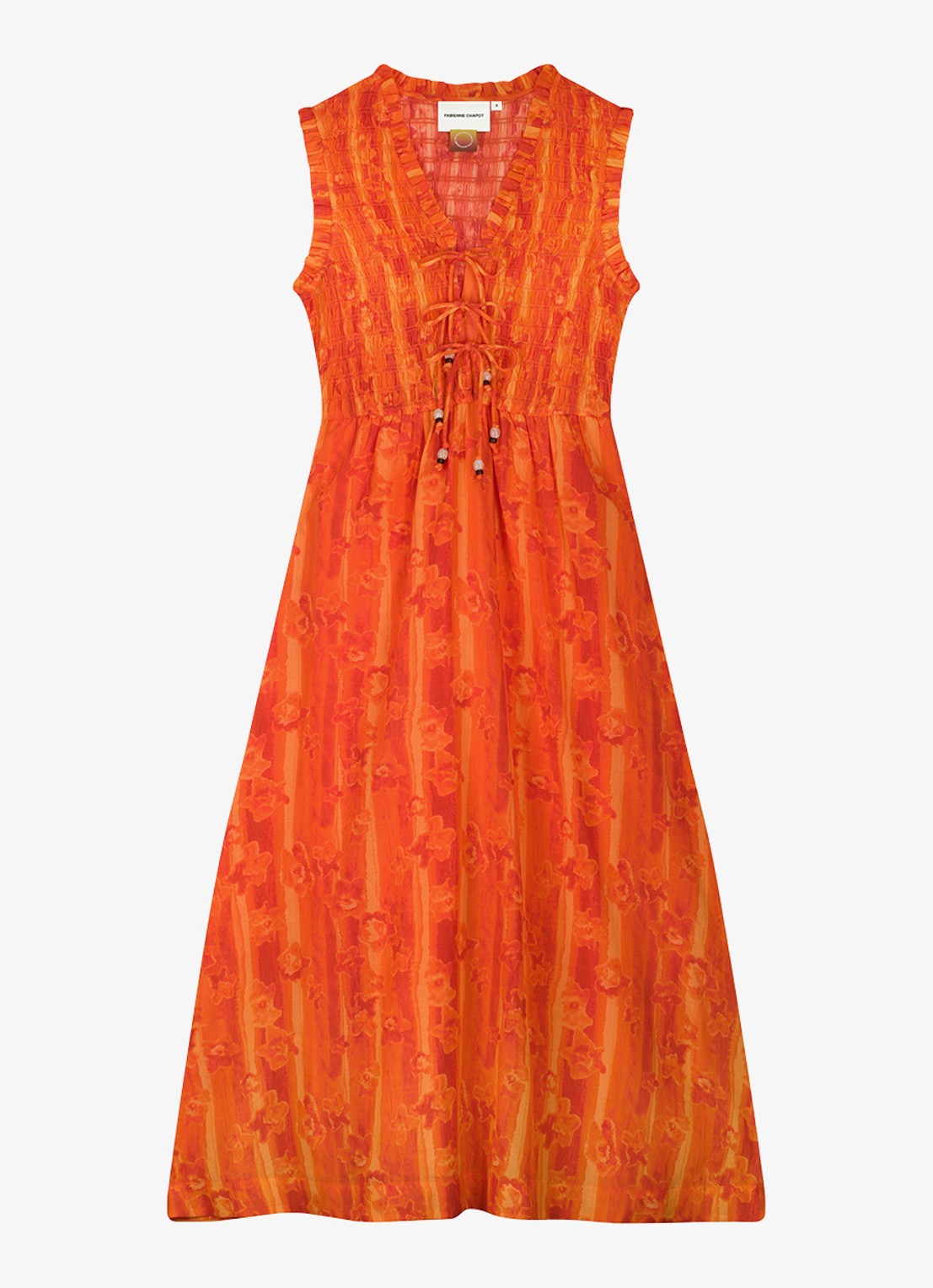 Fabienne Chapot Elou maxi jurk met smockwerk en print - voorkant 2 orange