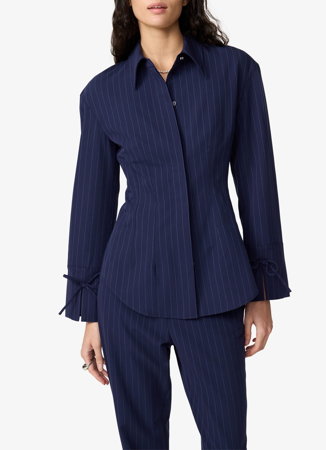Fabienne Chapot Elvira blouse met krijtstreep - detail 3 donkerblauw