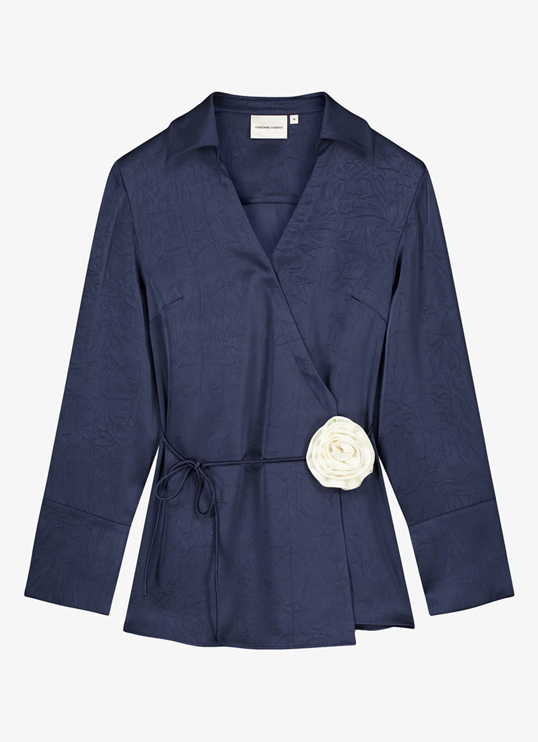 Fabienne Chapot Emma blouse van satijn met strikceintuur - voorkant donkerblauw