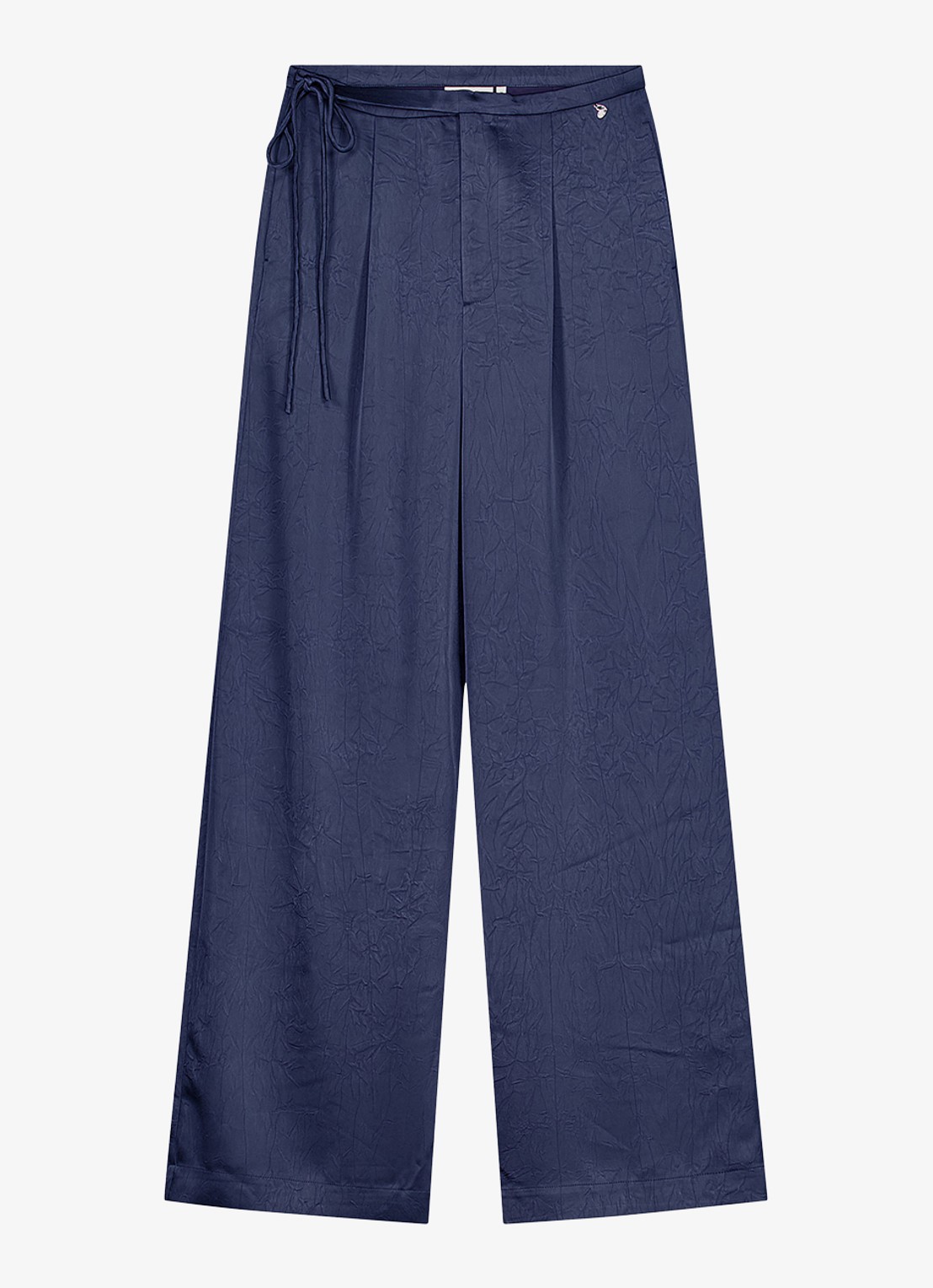 Fabienne Chapot Emma high waist wide fit pantalon van satijn - voorkant 3 donkerblauw