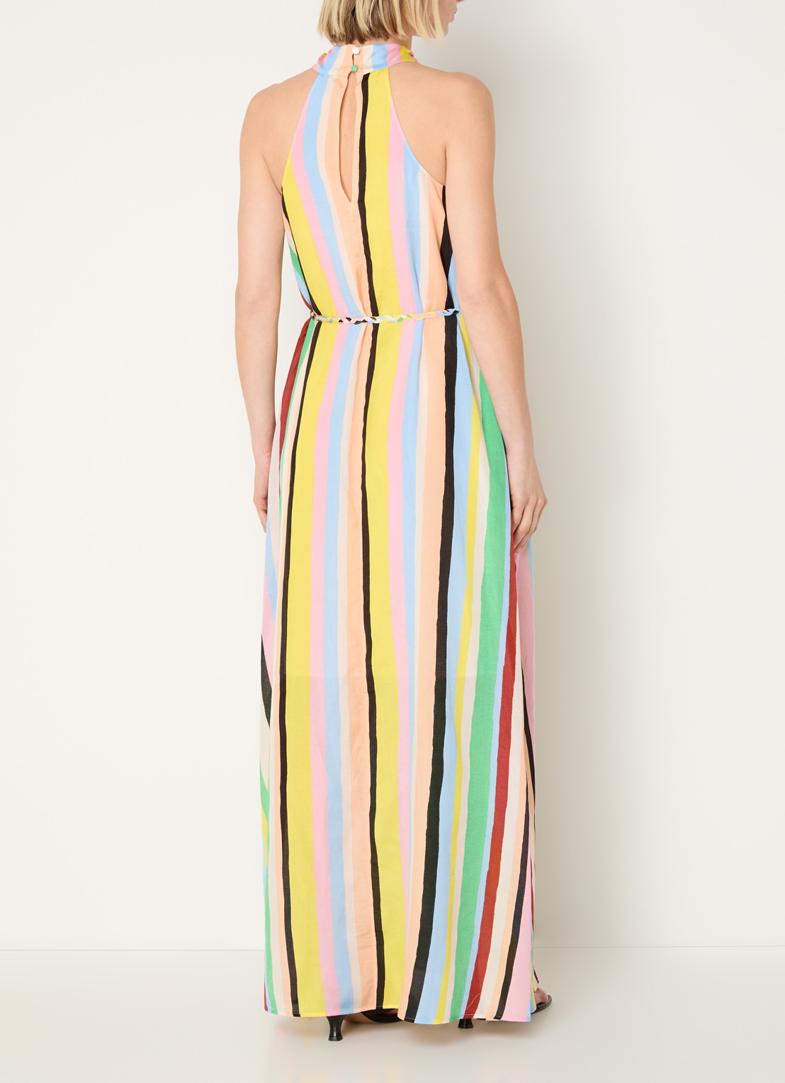 Fabienne Chapot Estelle maxi jurk met streepprint en strikceintuur - achterkant lichtblauw