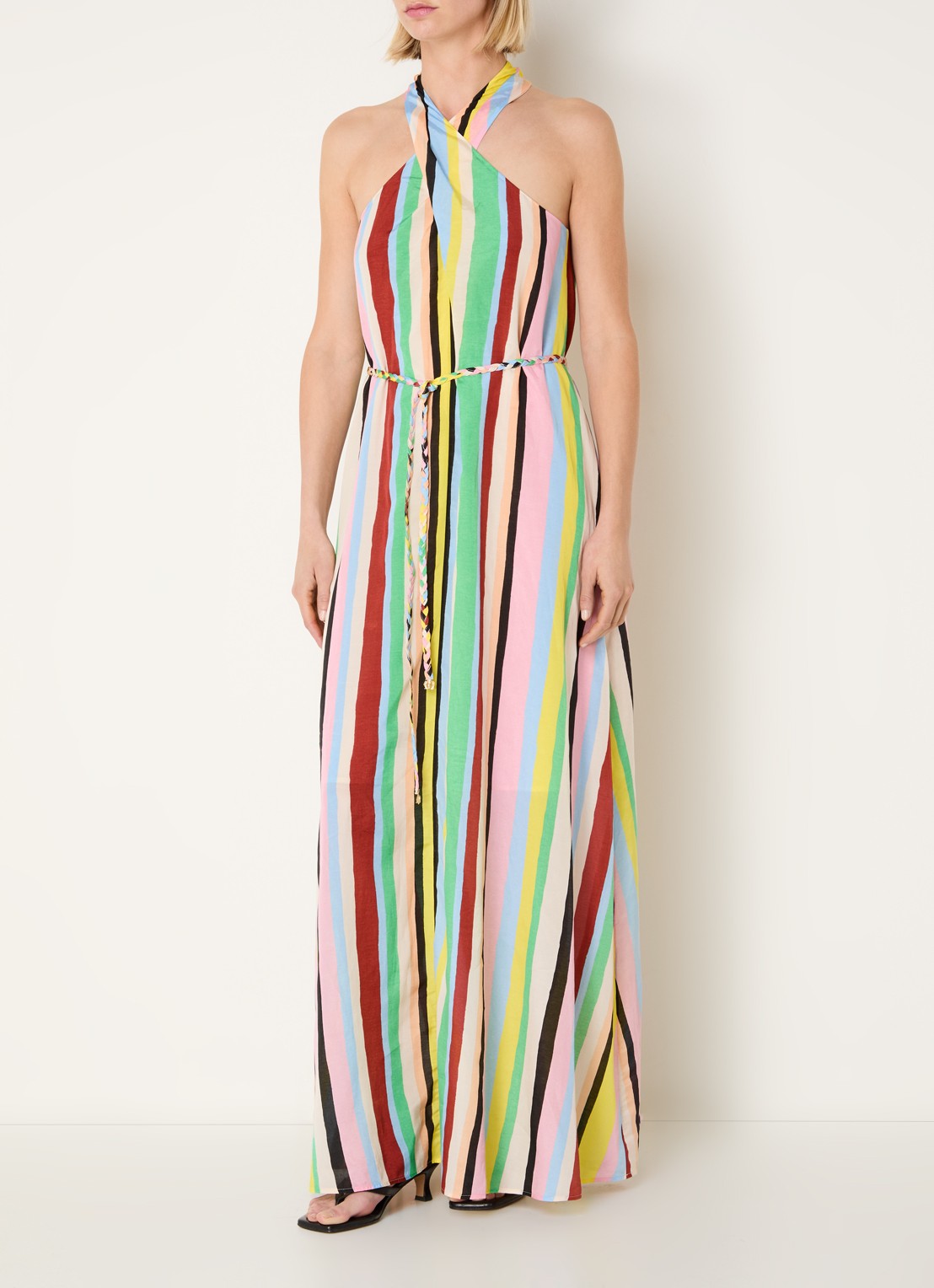 Fabienne Chapot Estelle maxi jurk met streepprint en strikceintuur - detail 2 lichtblauw
