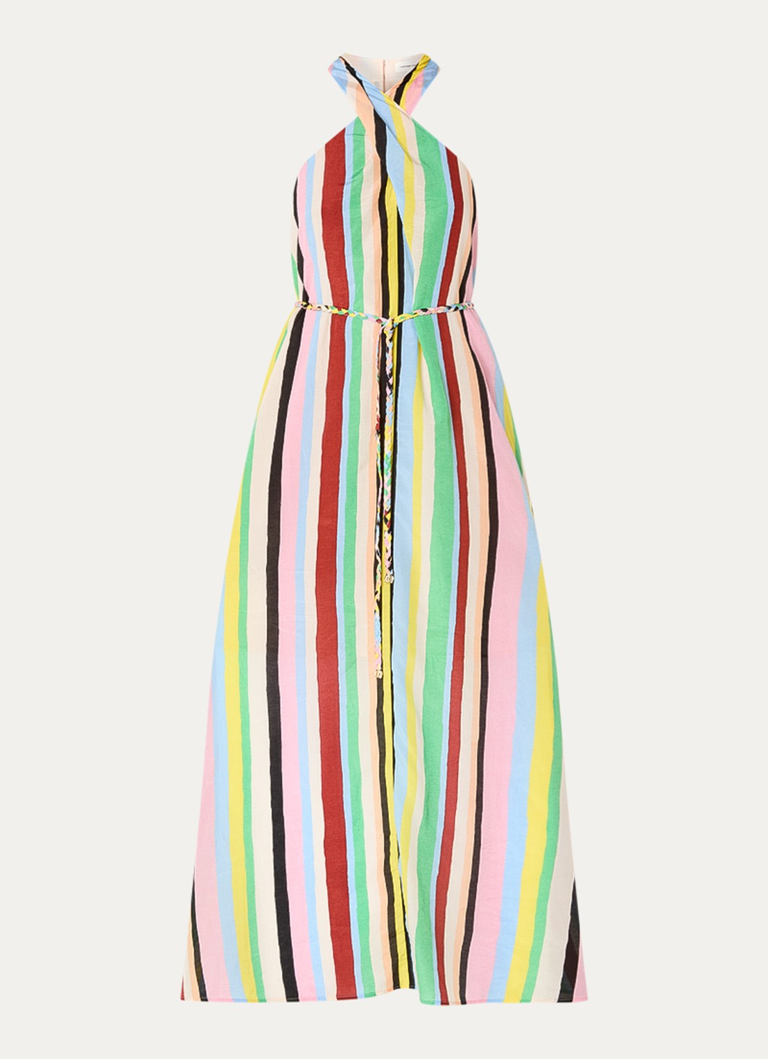 Fabienne Chapot Estelle maxi jurk met streepprint en strikceintuur - voorkant 3 lichtblauw