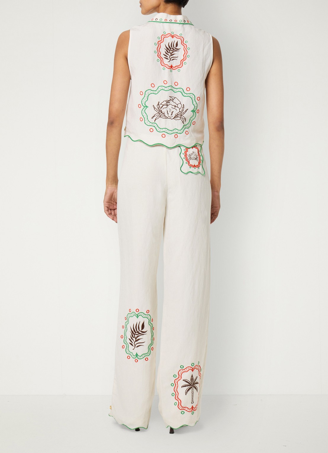Fabienne Chapot Guicho high waist straight fit pantalon in linnenbend met borduring - achterkant 5 gebroken wit