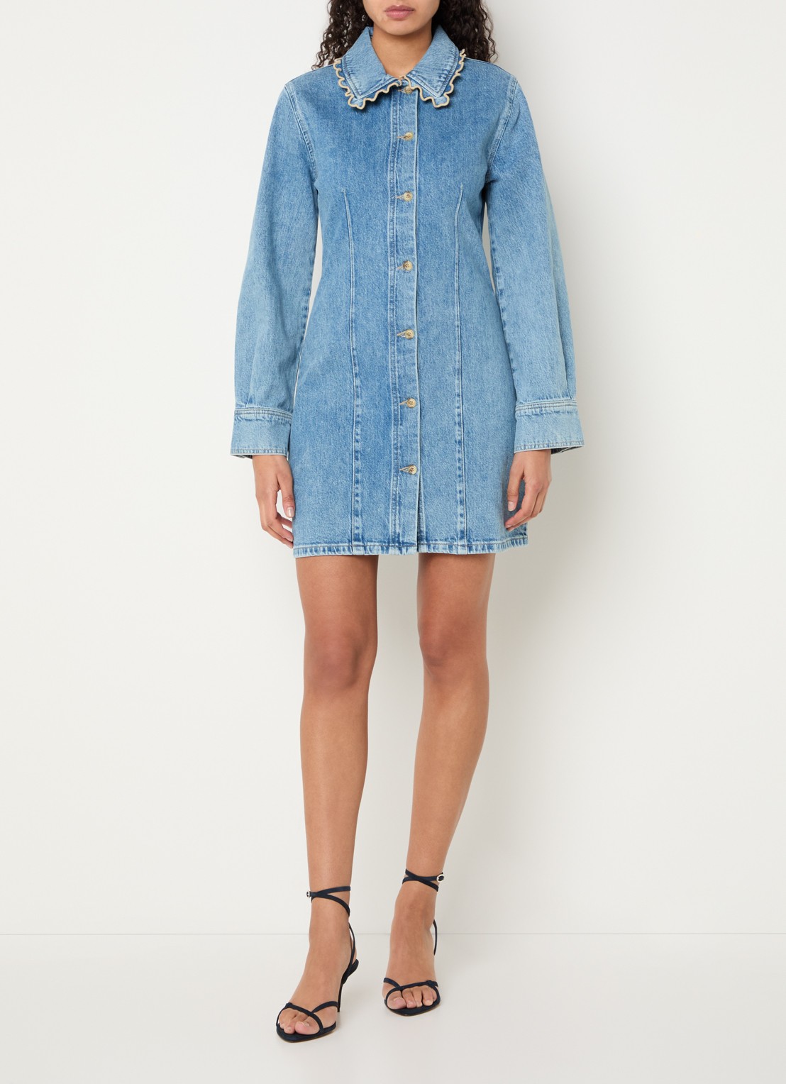 Fabienne Chapot Ina mini blousejurk van denim  - voorkant 2 indigo