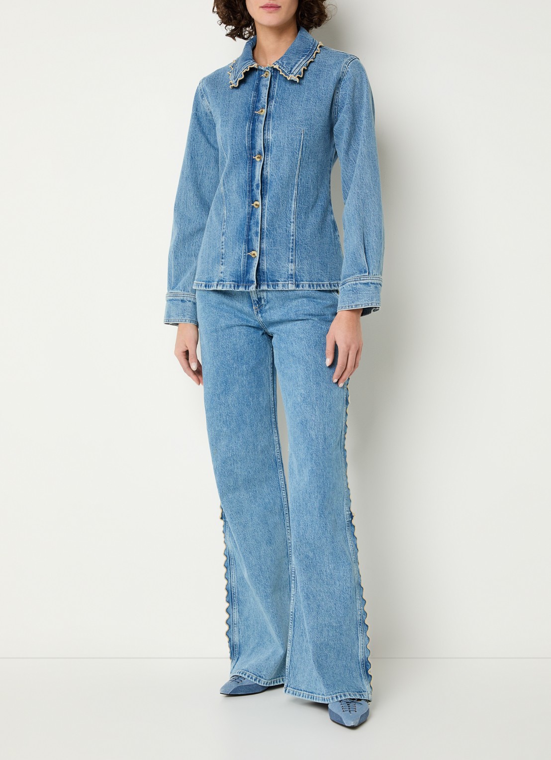Fabienne Chapot Inda blouse van denim met siernaad - voorkant 3 indigo