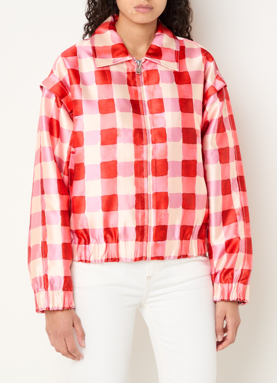 Fabienne Chapot Jay bomberjack met ruitdessin en steekzakken - detail rood