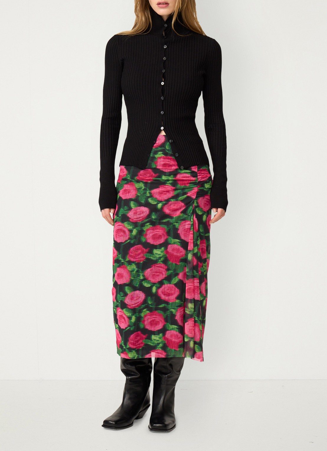 Fabienne Chapot Jessy midi rok met bloemenprint - voorkant 3 fuchsia