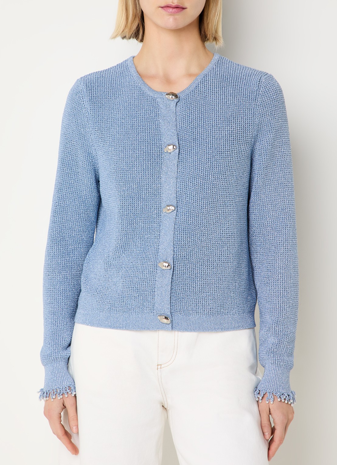 Fabienne Chapot Jody grofgebreid vest in wolblend met lurex - detail staalblauw