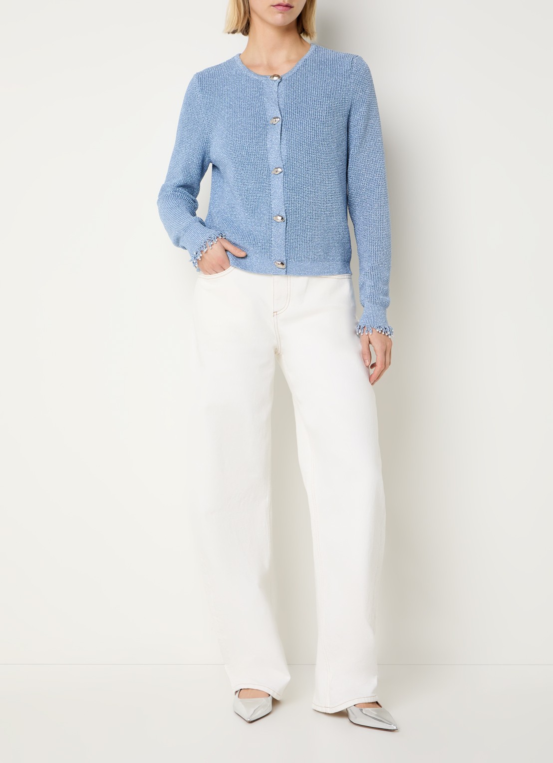 Fabienne Chapot Jody grofgebreid vest in wolblend met lurex - voorkant 3 staalblauw