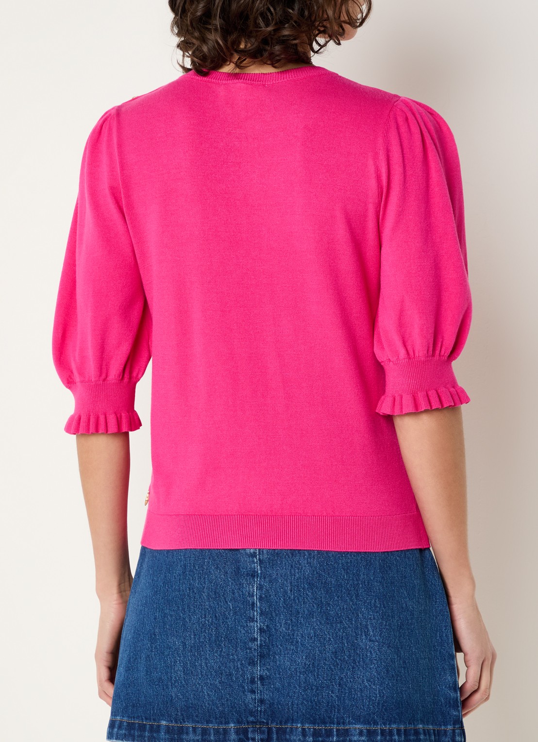 Fabienne Chapot Jolly fijngebreide top met ballonmouw - achterkant fuchsia
