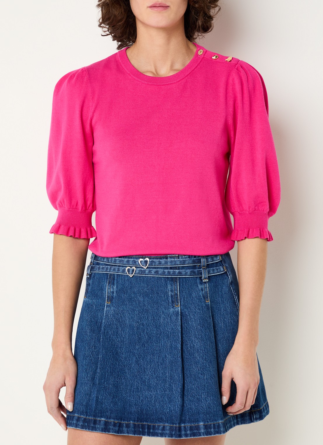 Fabienne Chapot Jolly fijngebreide top met ballonmouw - detail 2 fuchsia