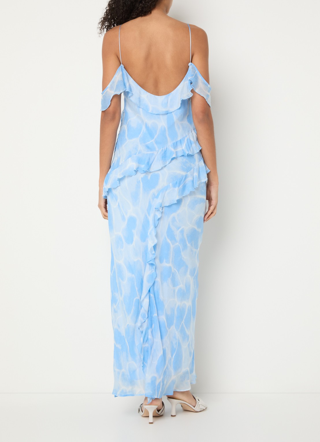 Fabienne Chapot Jule midi jurk met print en split - achterkant lichtblauw
