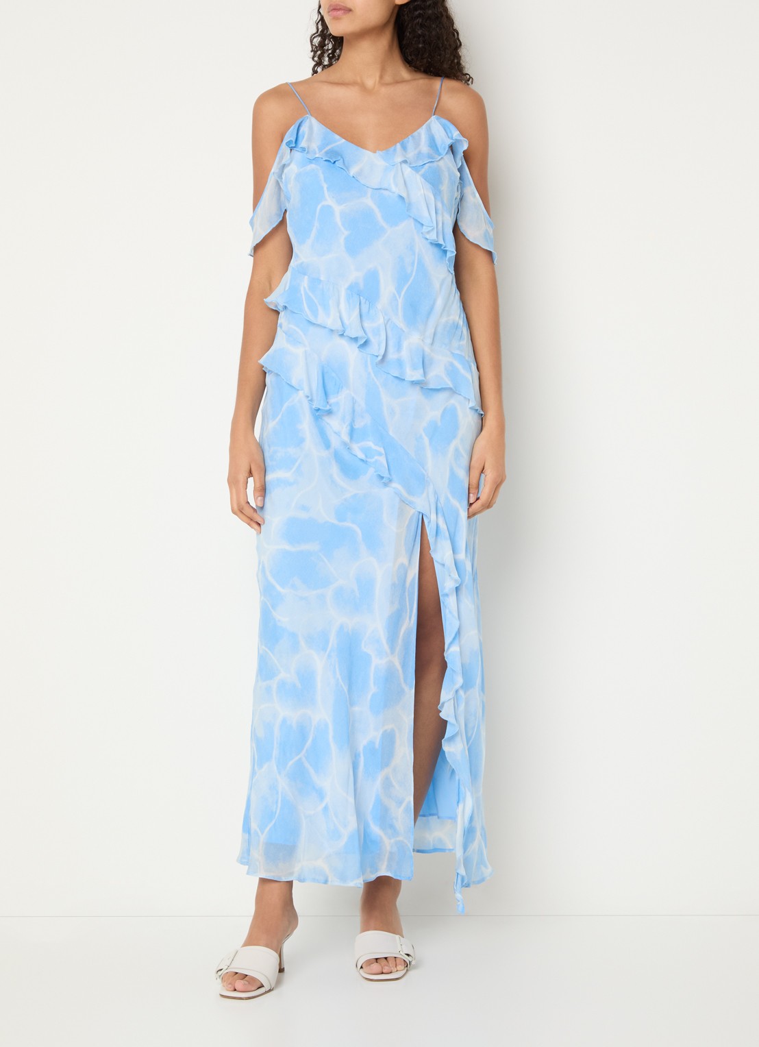 Fabienne Chapot Jule midi jurk met print en split - detail 4 lichtblauw