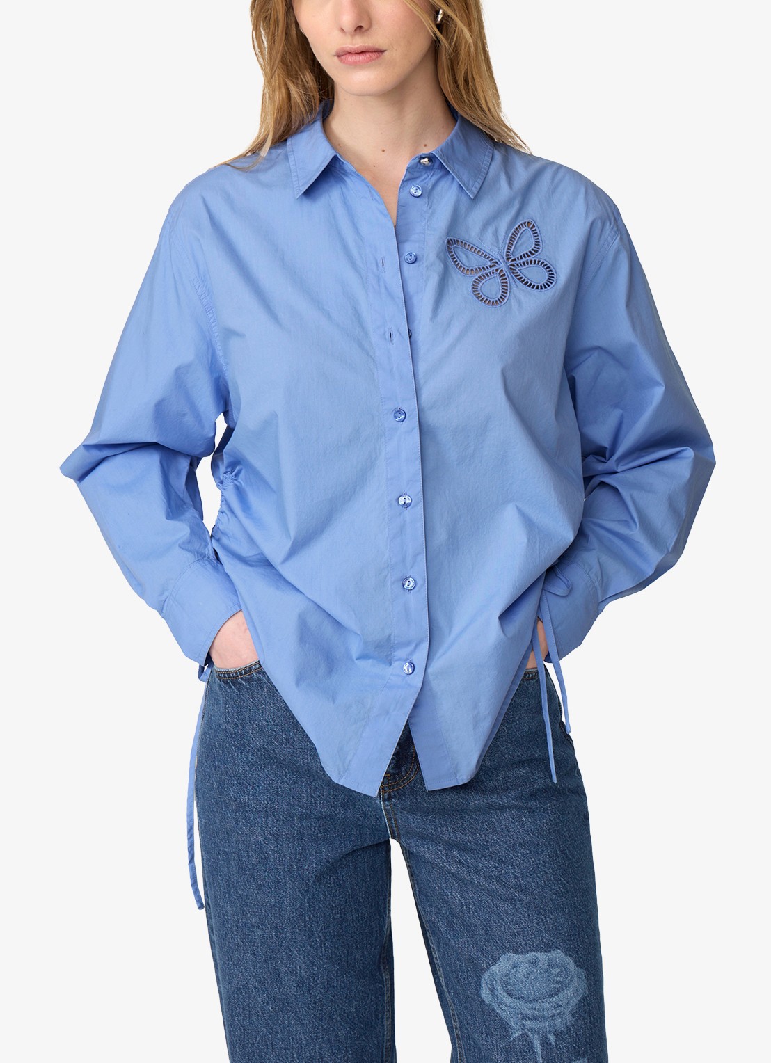 Fabienne Chapot Lux blouse met borduring en trekkoord - detail 3 blauw