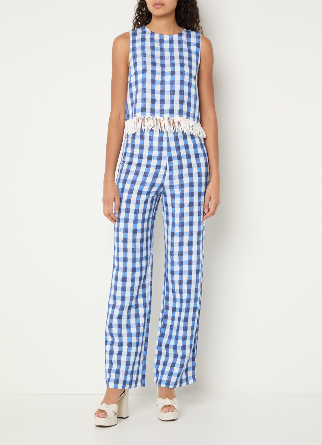 Fabienne Chapot Maxime croptop in linnenblend met ruitdessin - voorkant 4 blauw