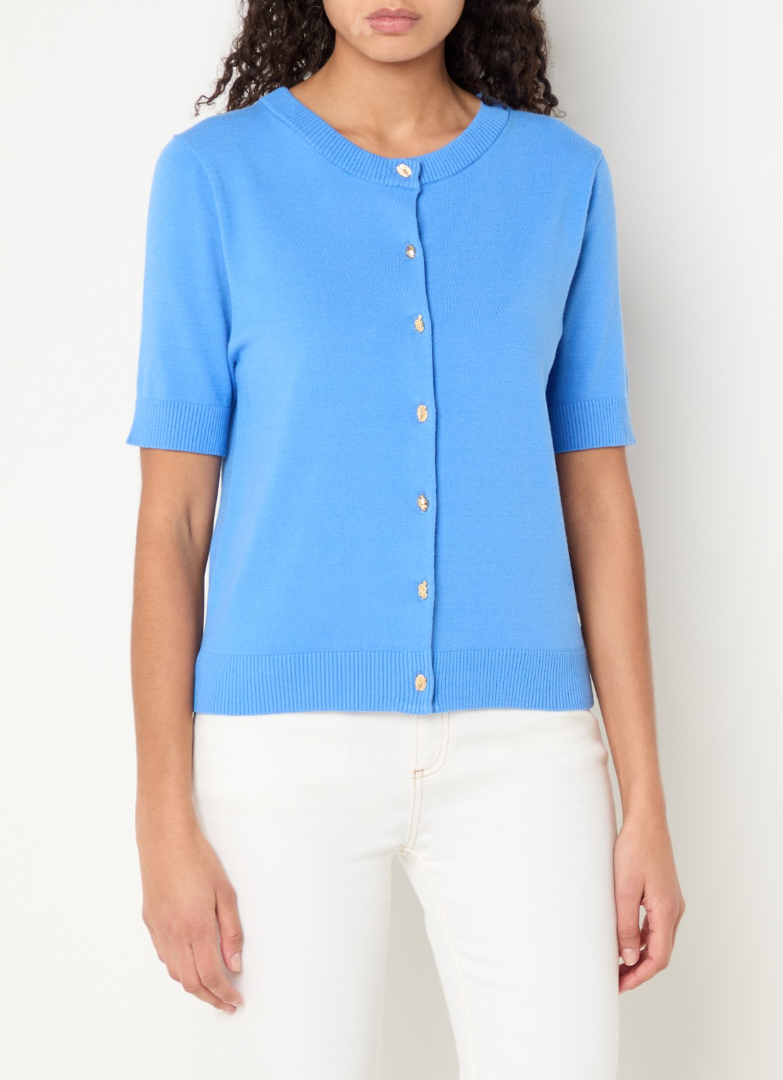 Fabienne Chapot Molly fijngebreid vest met ronde hals - detail blauw