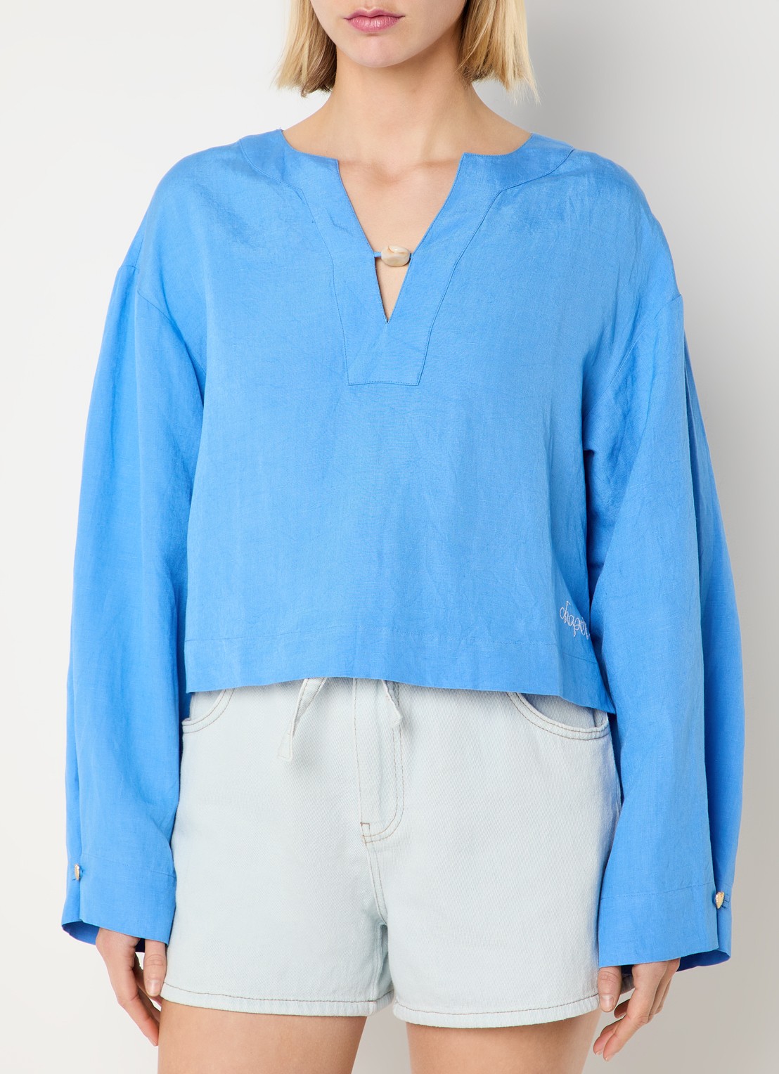 Fabienne Chapot Nana tuniek in linnenblend met V-hals - detail 3 blauw