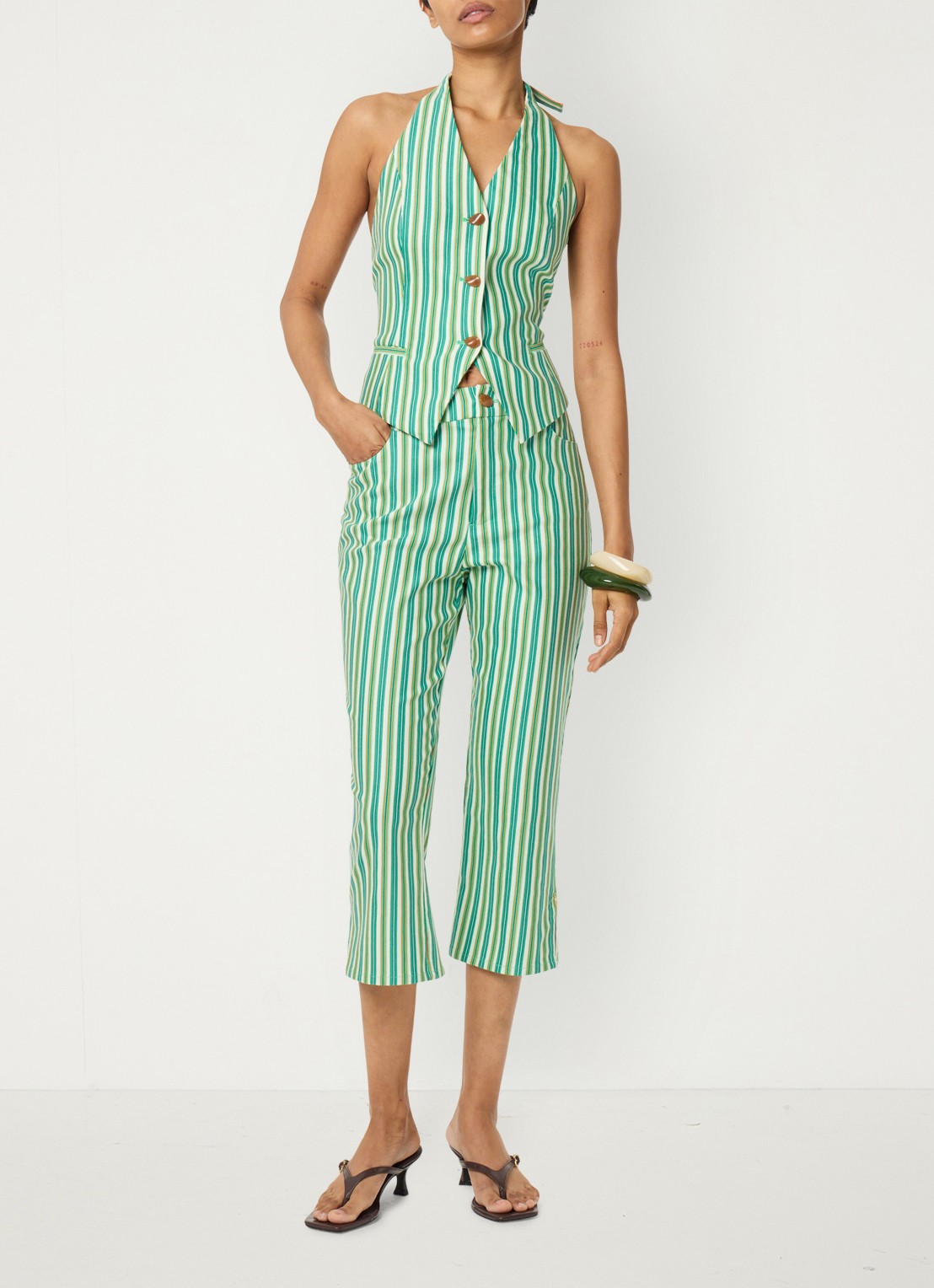 Fabienne Chapot Nazare gilet met streepprint en rugdecolleté - voorkant 3 groen