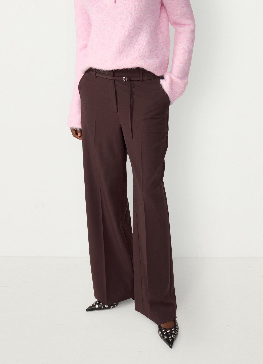 Fabienne Chapot Nelsan high waist wide fit pantalon met ceintuur - detail 4 chocoladebruin
