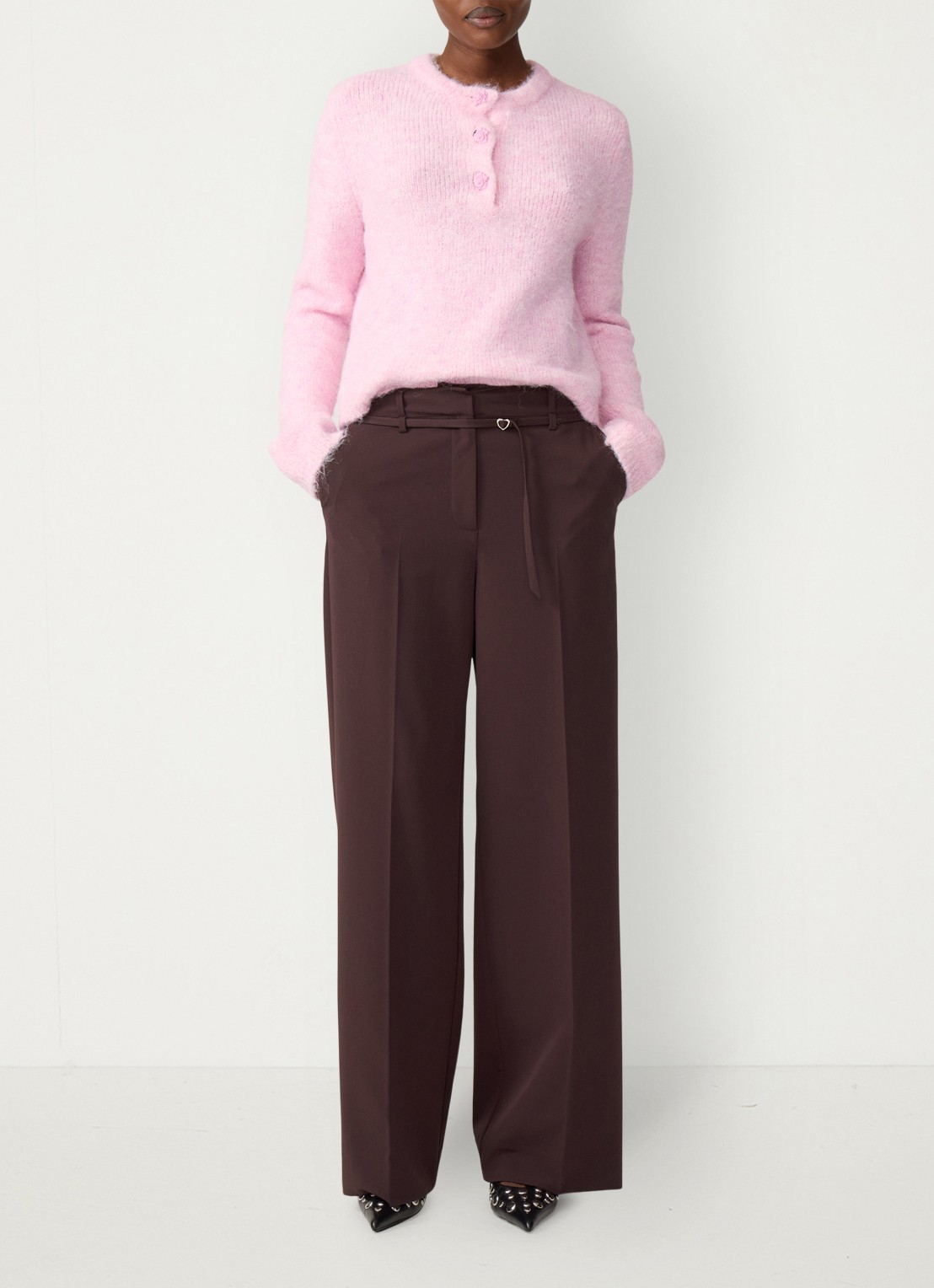 Fabienne Chapot Nelsan high waist wide fit pantalon met ceintuur - voorkant 5 chocoladebruin