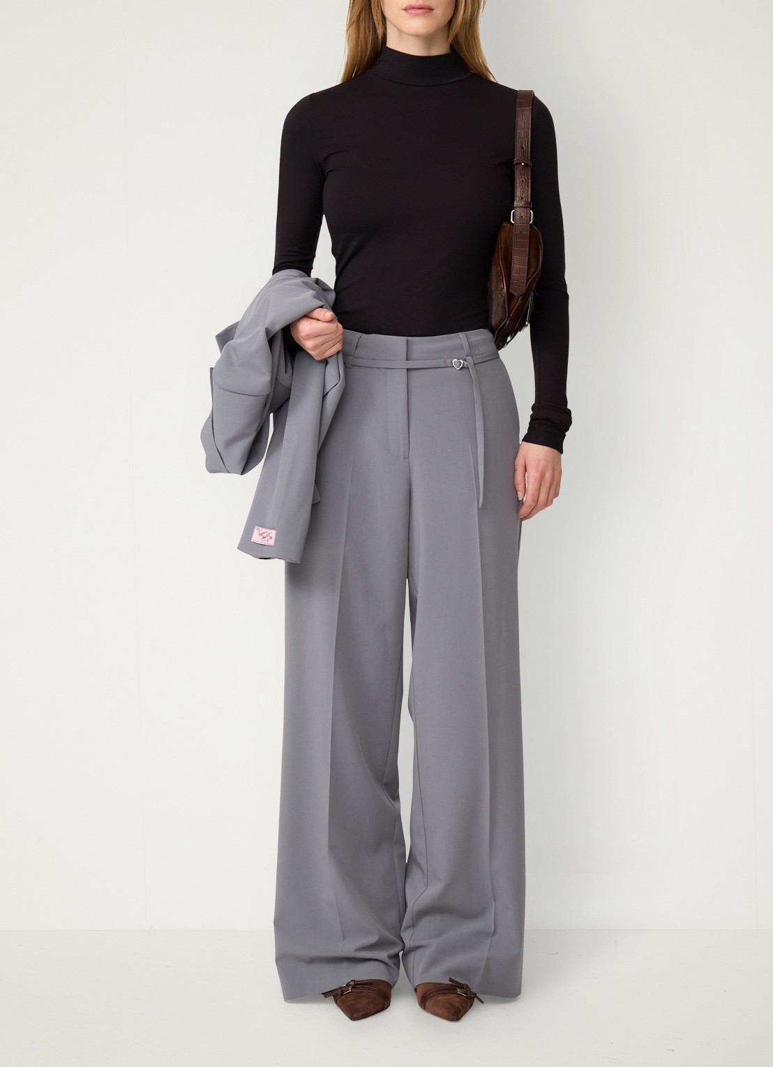 Fabienne Chapot Nelsan high waist wide leg pantalon - voorkant 3 grijs