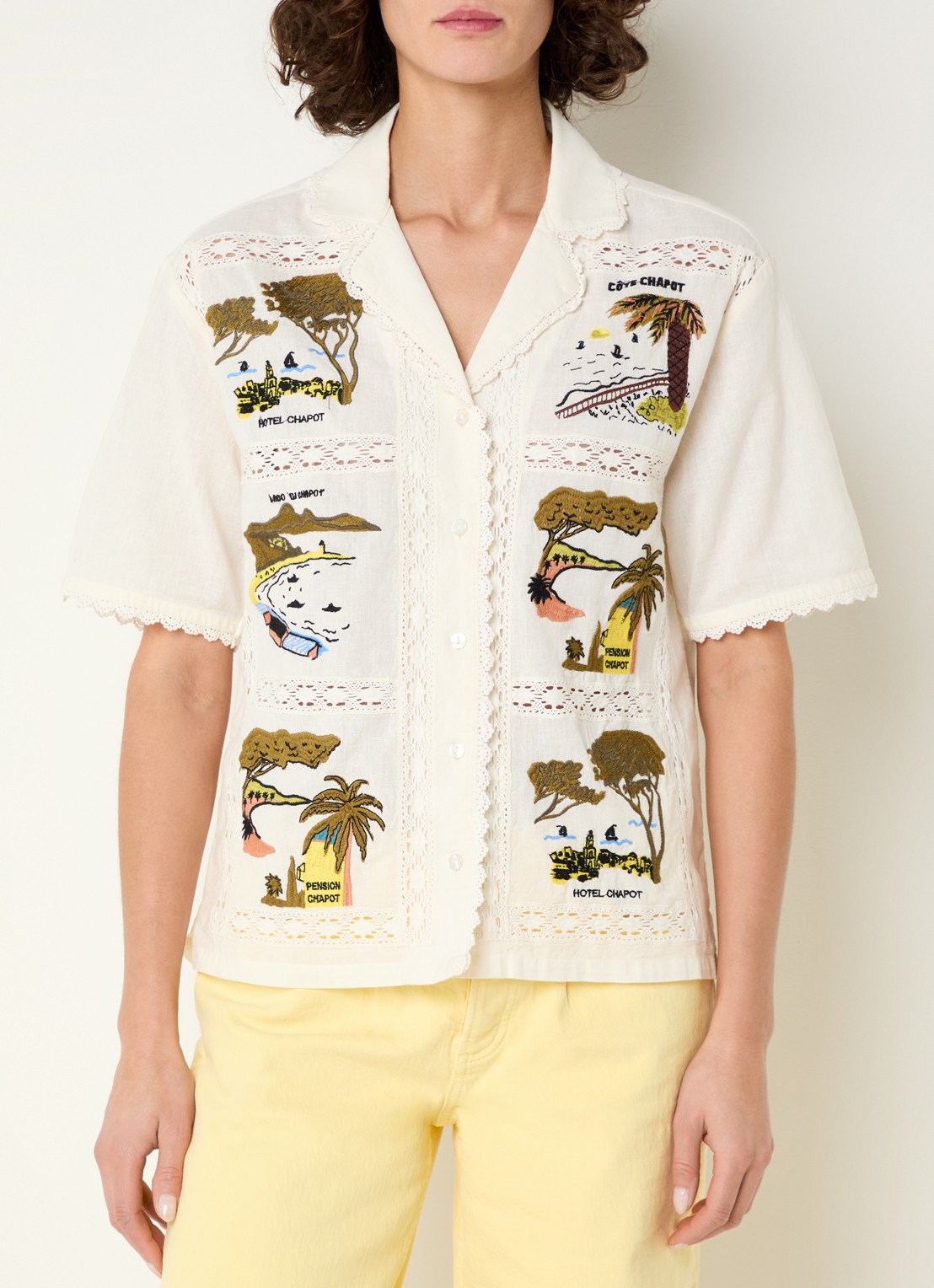 Fabienne Chapot Norma blouse met details van kant en borduring - detail gebroken wit