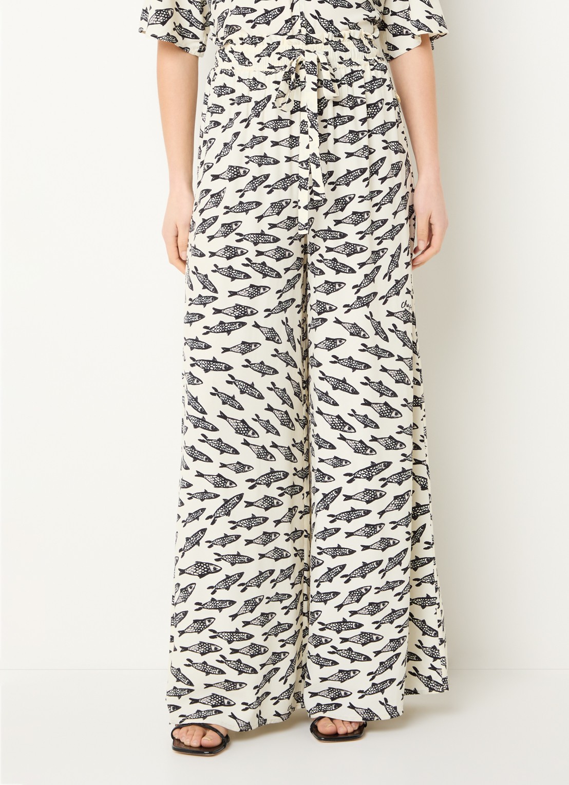 Fabienne Chapot Palapa high waist wide fit palazzo broek met print - detail 4 gebroken wit