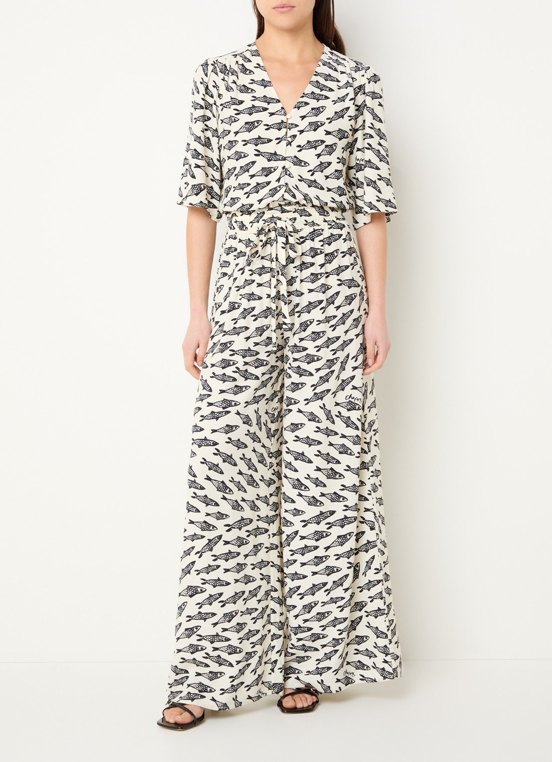 Fabienne Chapot Palapa high waist wide fit palazzo broek met print - voorkant 3 gebroken wit