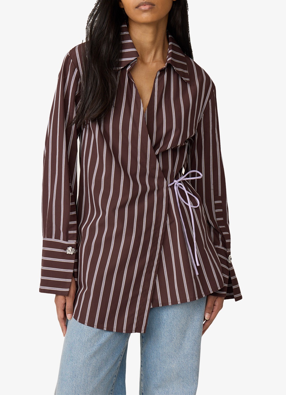 Fabienne Chapot Tamar blouse met streepprint en overslag - detail donkerbruin