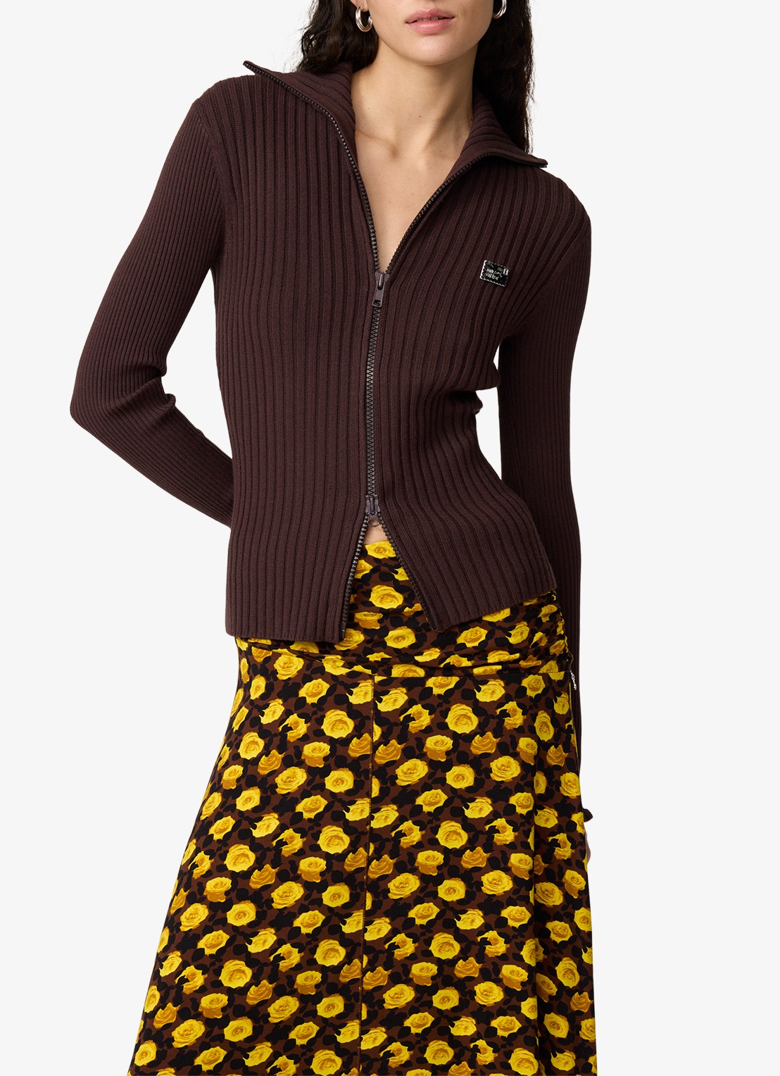Fabienne Chapot Tess ribgebreid vest - detail donkerbruin